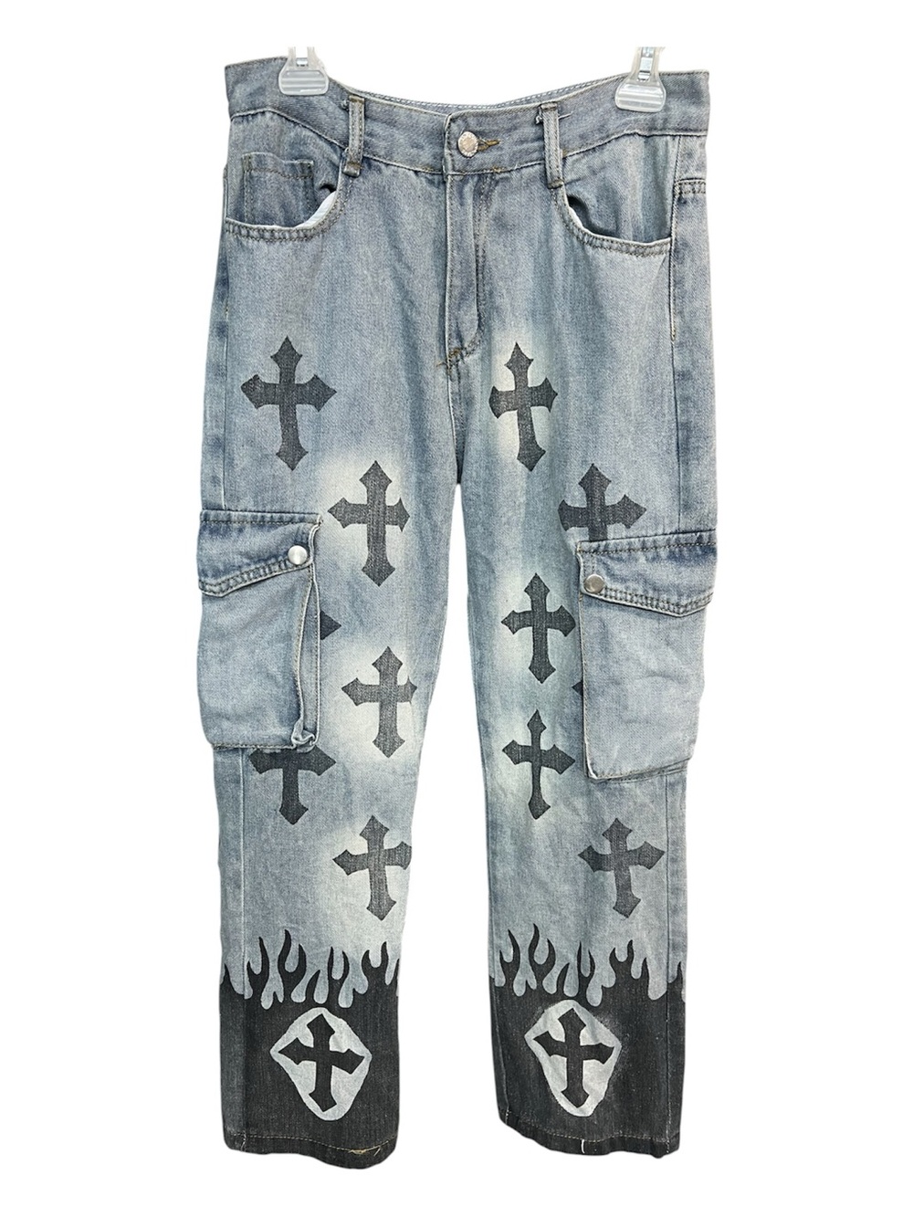 Gothic Cross Flames Jeans Women Size Medium 28 Streetwear Cargo